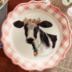 Pioneer Woman Appetizer Plate Black White Cow Pink Gingham Ceramic Dessert Dish